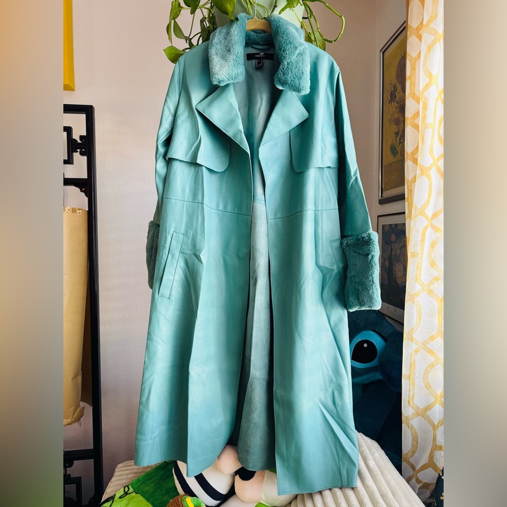Forever 21 faux fur suede turquoise green long trench coat jacket